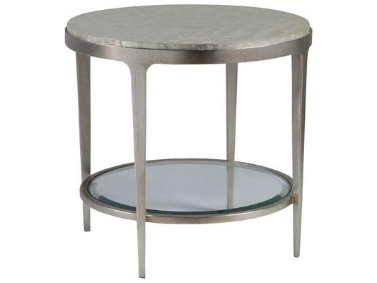 Home Gravitas Round End Table with Capiz Shell Top and Champagne Base