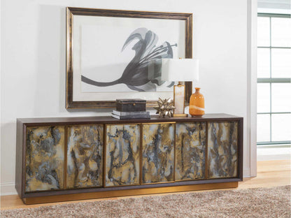 Home Verbatim 100-Inch Sliding Door Hardwood Media Console in Brown Ceruse