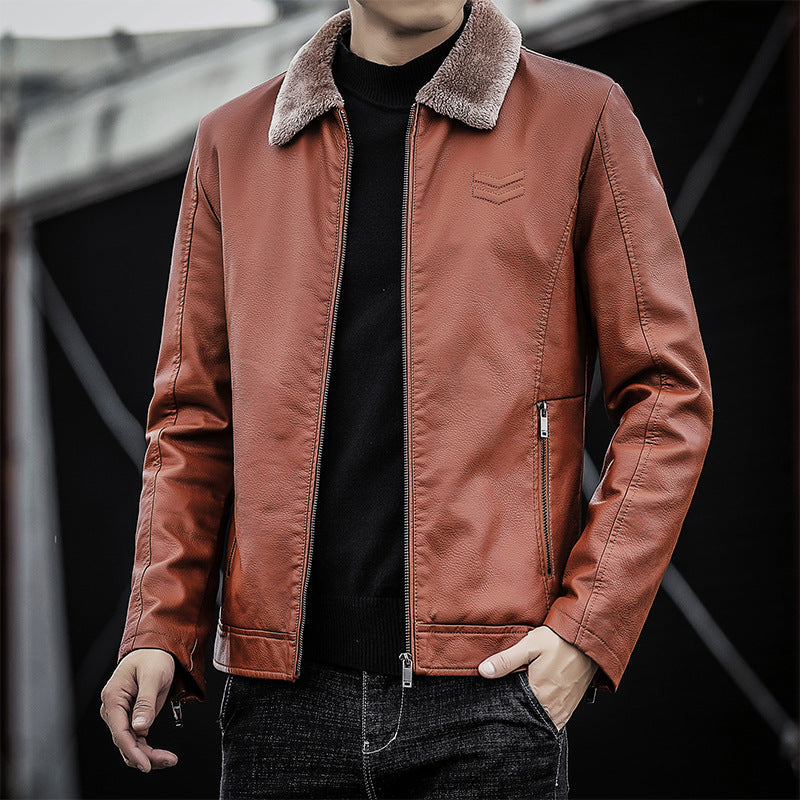 Fashionable Men’s Warm Leather Jacket Stylish Lapel Winter Outerwear for Casual Wear