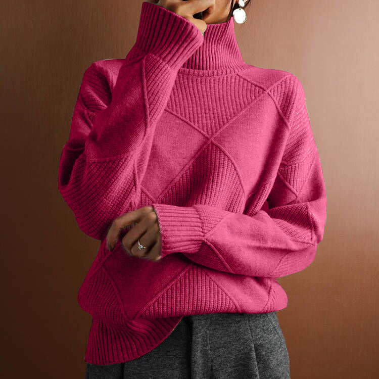 Women’s Loose High-Neck Knit Sweater Warm Solid-Color Cozy Style