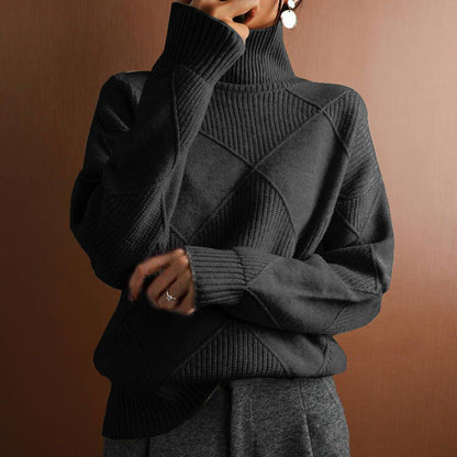 Women’s Loose High-Neck Knit Sweater Warm Solid-Color Cozy Style