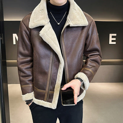 Men’s Fleece-Lined Leather Motorcycle Jacket with Integrated Fur Thick & Warm