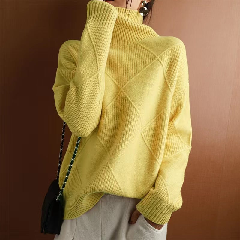 Women’s Loose High-Neck Knit Sweater Warm Solid-Color Cozy Style