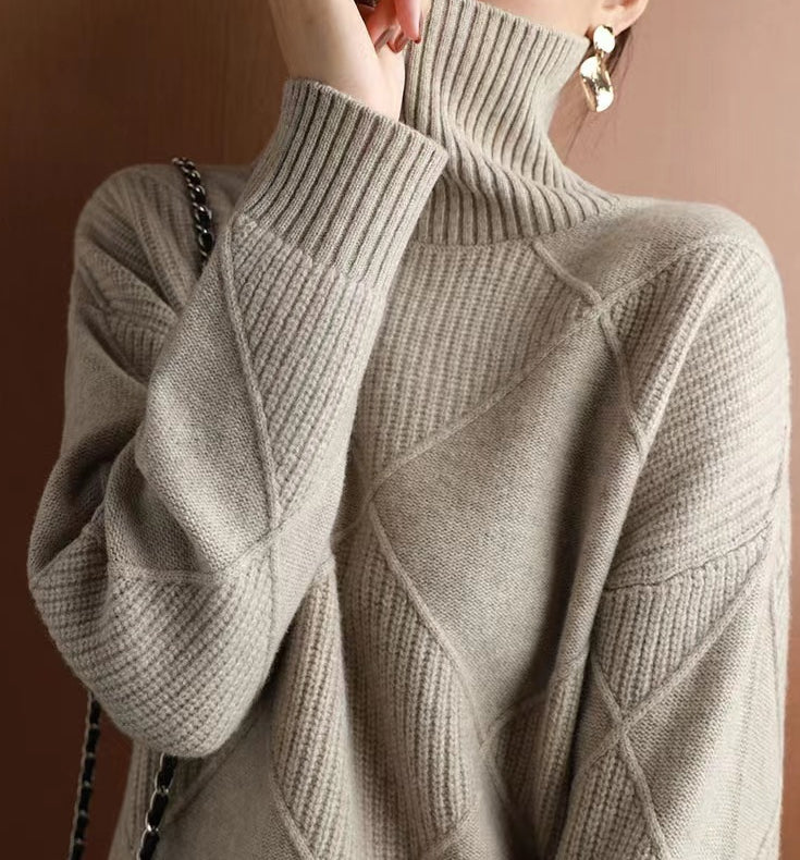 Women’s Loose High-Neck Knit Sweater Warm Solid-Color Cozy Style