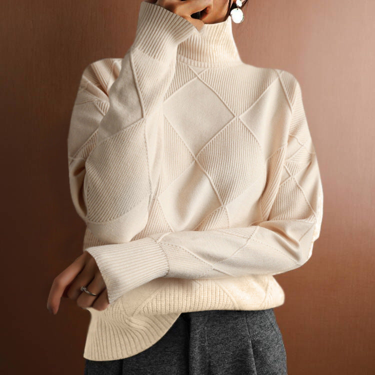 Women’s Loose High-Neck Knit Sweater Warm Solid-Color Cozy Style