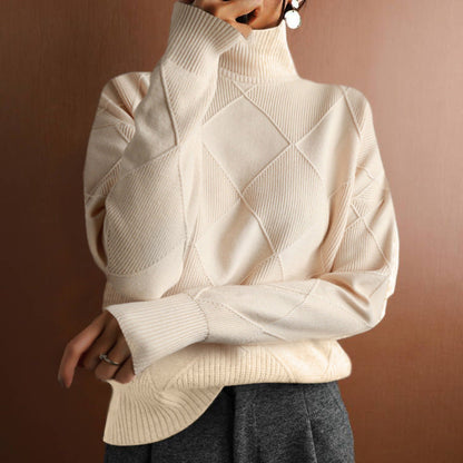 Women’s Loose High-Neck Knit Sweater Warm Solid-Color Cozy Style