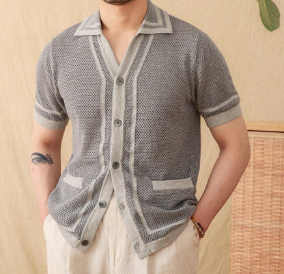 Men’s Preppy Short Sleeve Shirt Hollow Design Style
