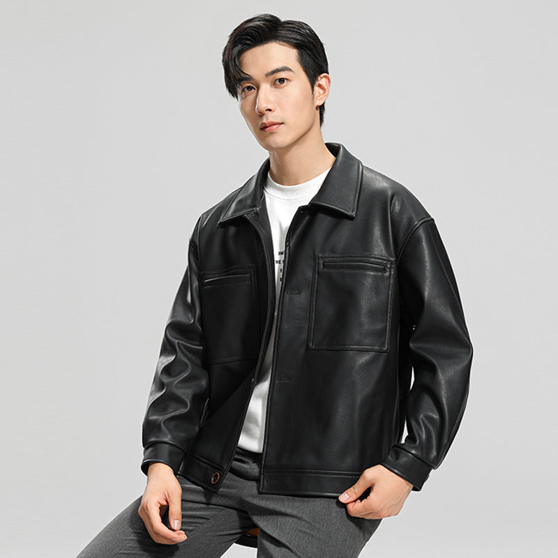 Men’s Youth Motorcycle Leather Jacket Lapel Stylish Biker Coat