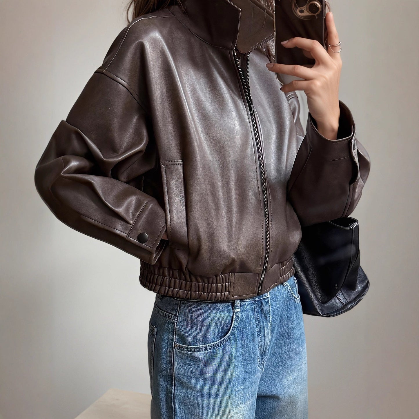 Women’s Retro Long-Sleeve Leather Jacket Vintage Chic Coat