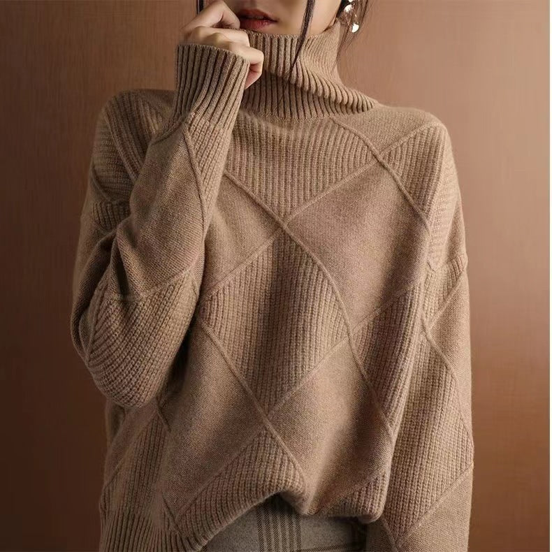 Women’s Loose High-Neck Knit Sweater Warm Solid-Color Cozy Style