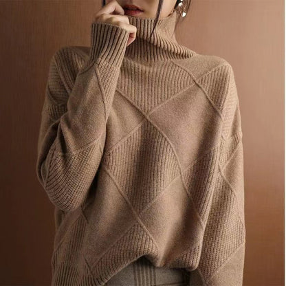 Women’s Loose High-Neck Knit Sweater Warm Solid-Color Cozy Style