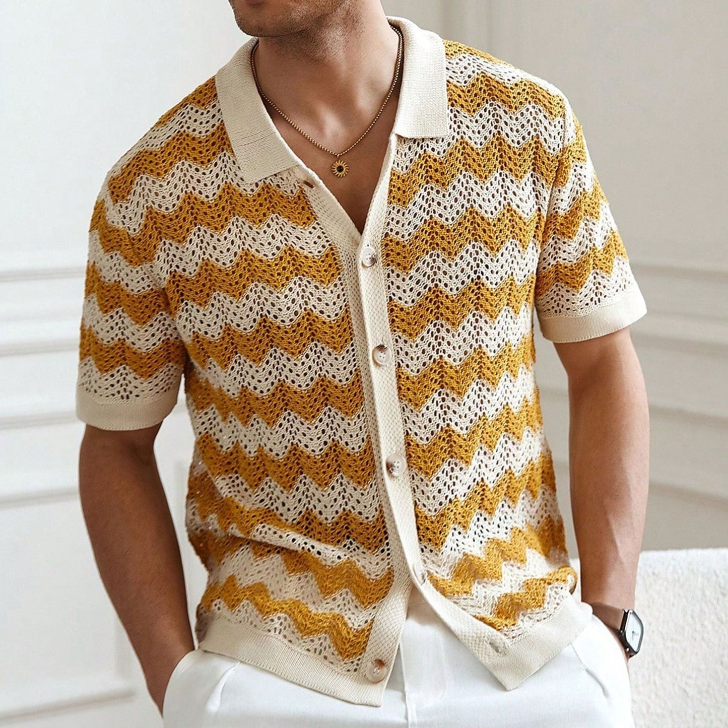 Men’s Hollow Jacquard Corrugated Shirt Stylish Textured Design