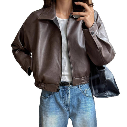 Women’s Retro Long-Sleeve Leather Jacket Vintage Chic Coat