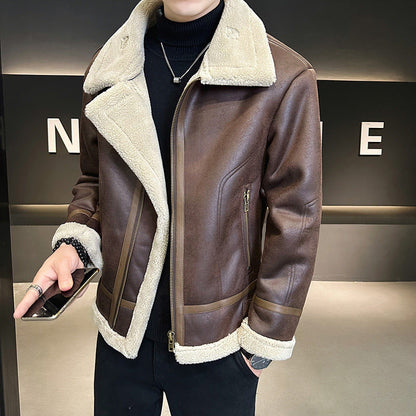 Men’s Fleece-Lined Leather Motorcycle Jacket with Integrated Fur Thick & Warm