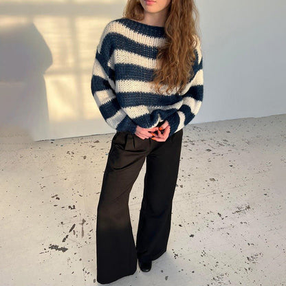 Women’s Casual Striped Knit Sweater Relaxed Fit Long-Sleeve Pullover
