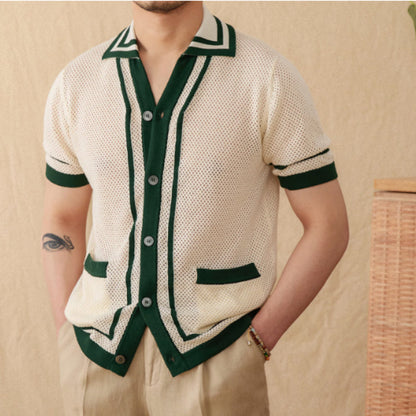 Men’s Preppy Short Sleeve Shirt Hollow Design Style