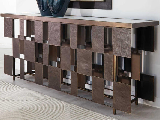 Layered Console Table with White Marble Top and Bronze Gold Accents