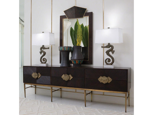 Galapagos 87-Inch Media Cabinet in Dark Walnut and Brass