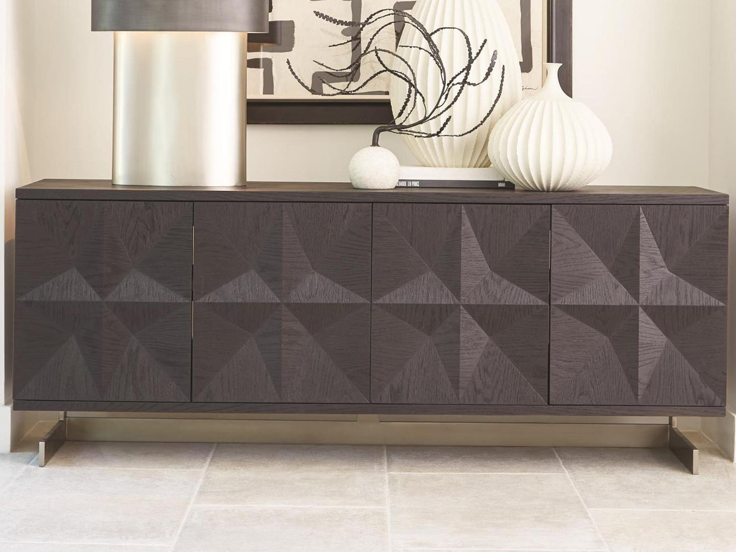 Cantilevered Star 72-Inch Media Console in Black Oak with Brushed Satin Nickel