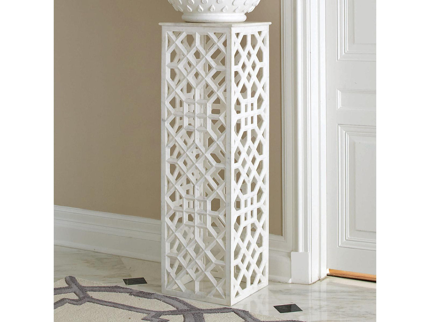 Marble Fret Square End Table in Honed White Marble