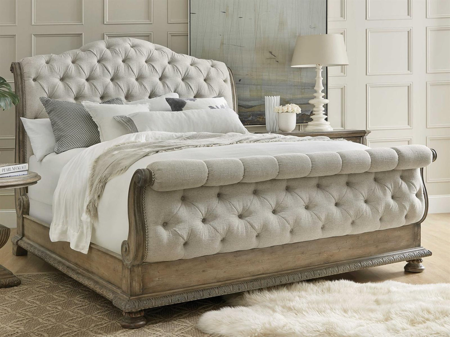 Castella King Tufted Bed in Natural Tan Performance Fabric