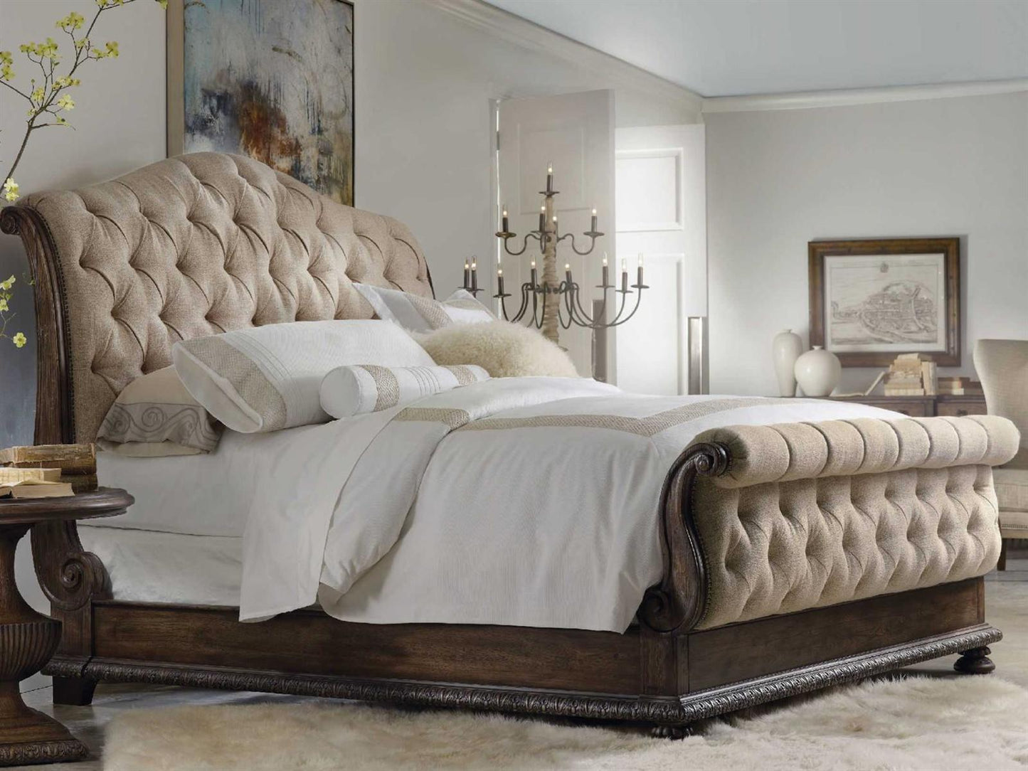 Rhapsody King Tufted Upholstered Bed in Aurora Ecru Fabric