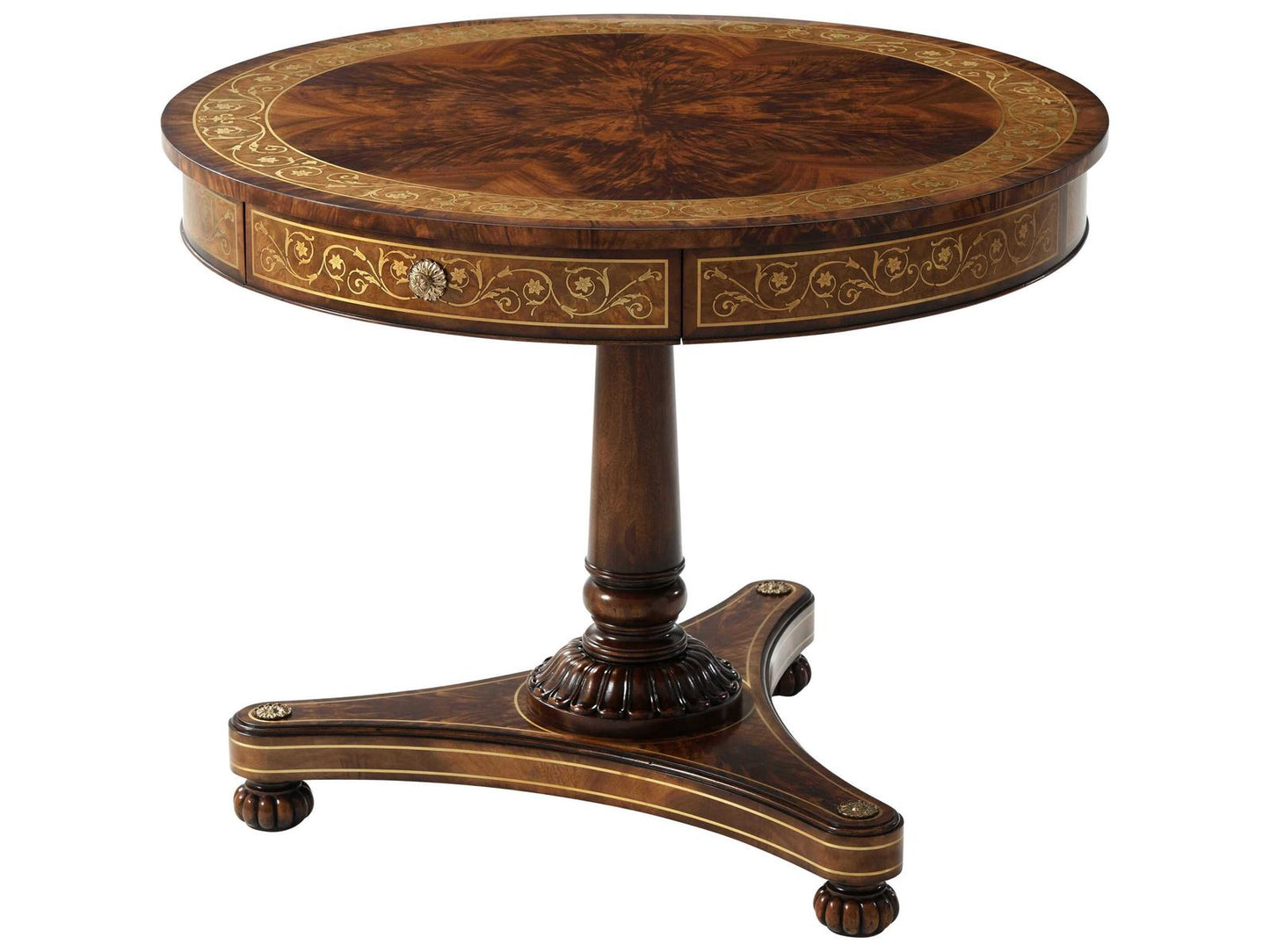 Scrolling Vine Center Table Flame Figured Mahogany Brass Inlaid Drum Top