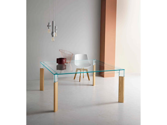 Perseo Square 55-Inch Dining Table with Extra-Clear Glass Top and Wood Base