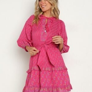 Closet Update Women's Hot Pink Boho Mini Dress Long Sleeve Tie-Neck Tiered Ruffle Dress