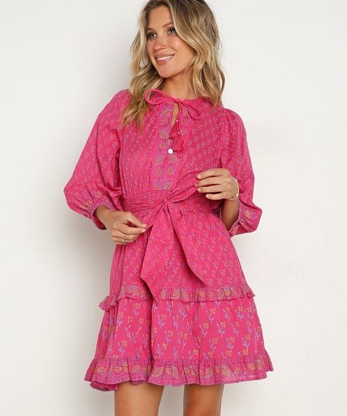 Closet Update Women's Hot Pink Boho Mini Dress Long Sleeve Tie-Neck Tiered Ruffle Dress (4)