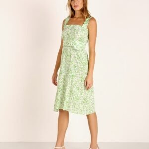 Closet Update Women's Lime Green Floral Midi Dress Square Neck Smocked A-Line Sundress